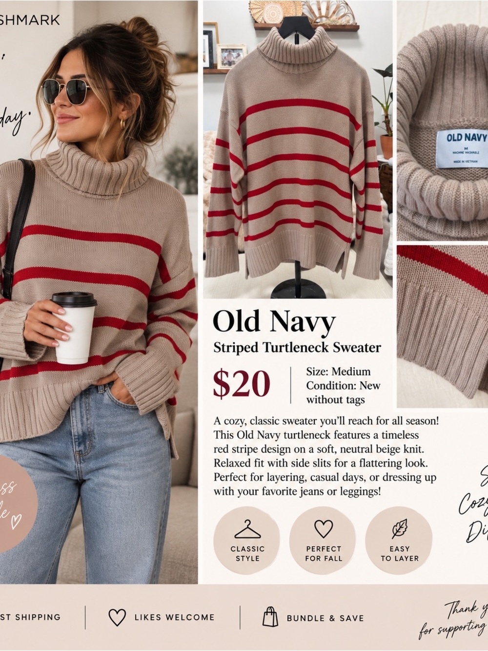 Old Navy Beige Sweater with Red Stripes Turtleneck